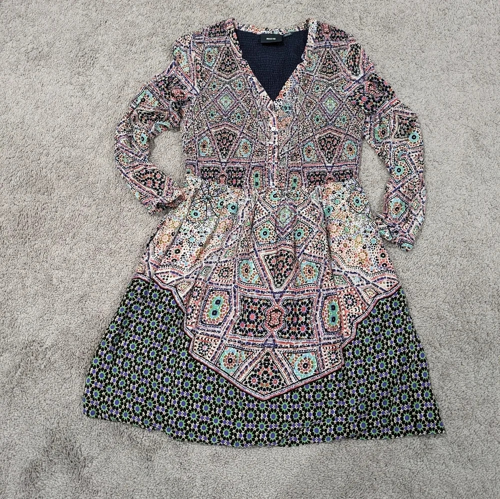 Maeve Anthropologie blue and red long‎ sleeve printed dress size Medium